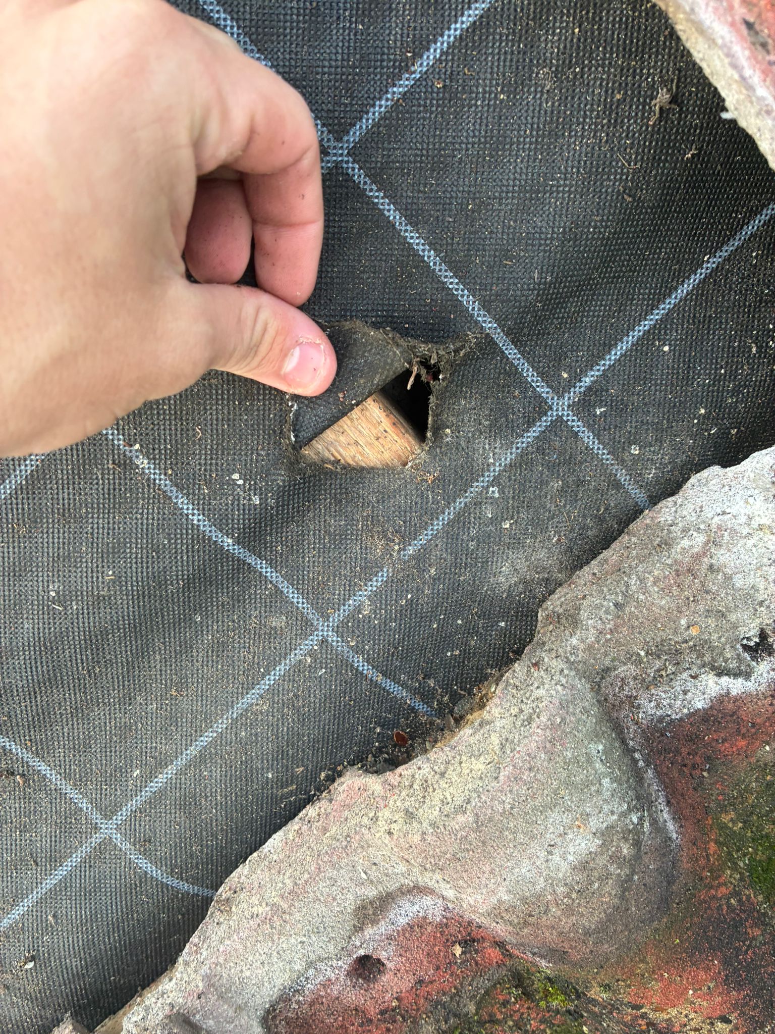 Hole in damaged roof membrane at a chimney repair in Roughton, Norfolk