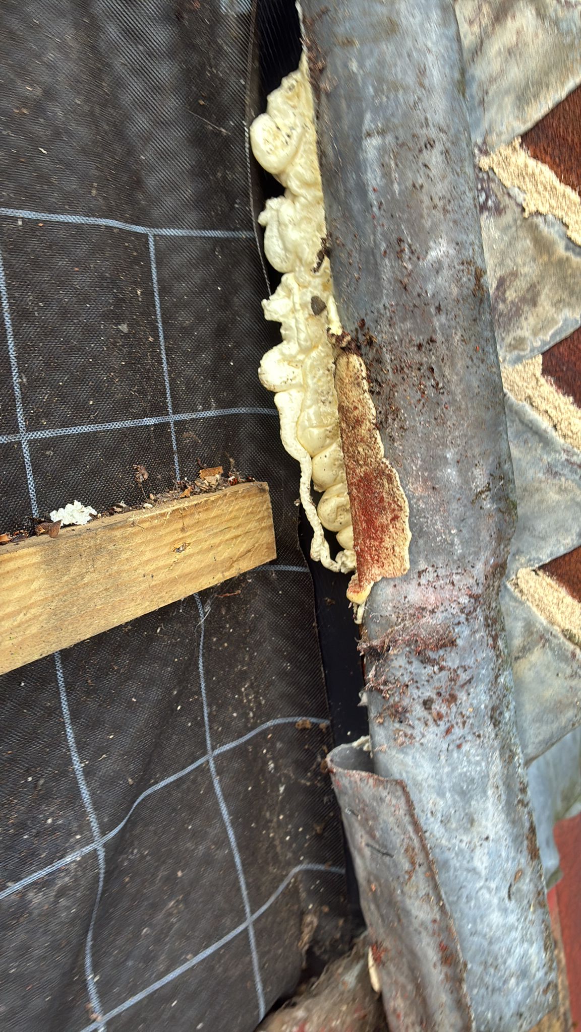 Failed lead flashing and expanding foam at the chimney-to-roof junction on a property in Roughton, Norfolk